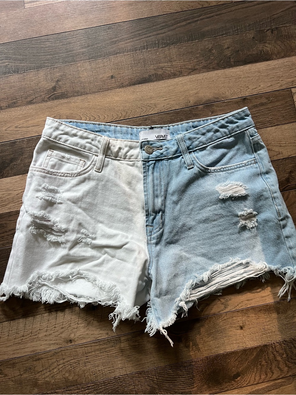 Vervet Two-Tone Frayed Denim Shorts - White & Light Blue